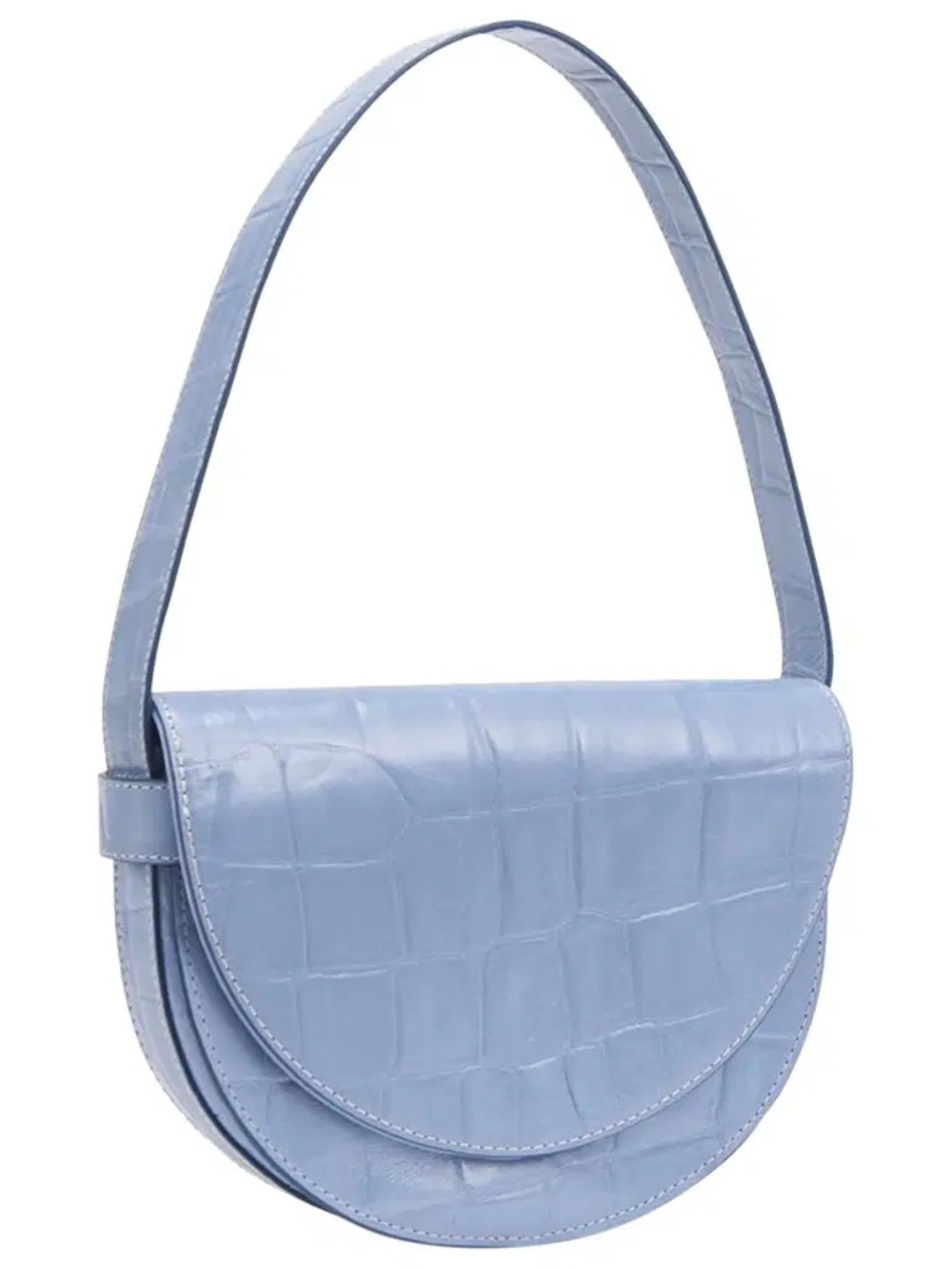 STAUD Alma Blue Half Moon Shoulder Bag Croc-Embossed Leather with Dust Bag